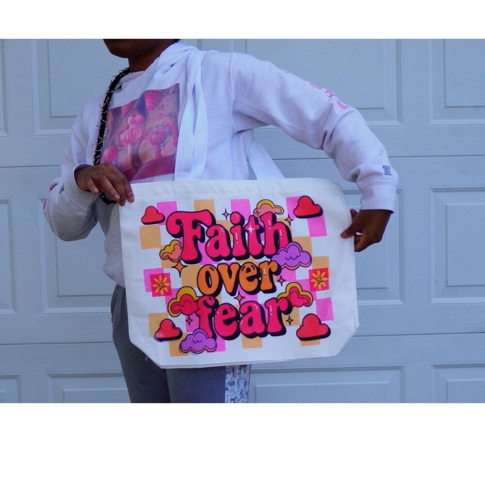 Faith Over Fear Canvas Tote Bag Zipper Retro Christian Y2K Coquette Large Travel